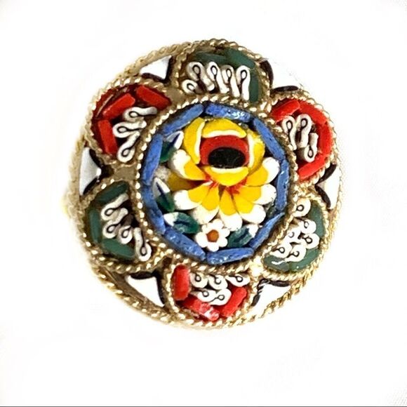 Yellow blue floral micro mosaic round Italian pin - Picture 6 of 7
